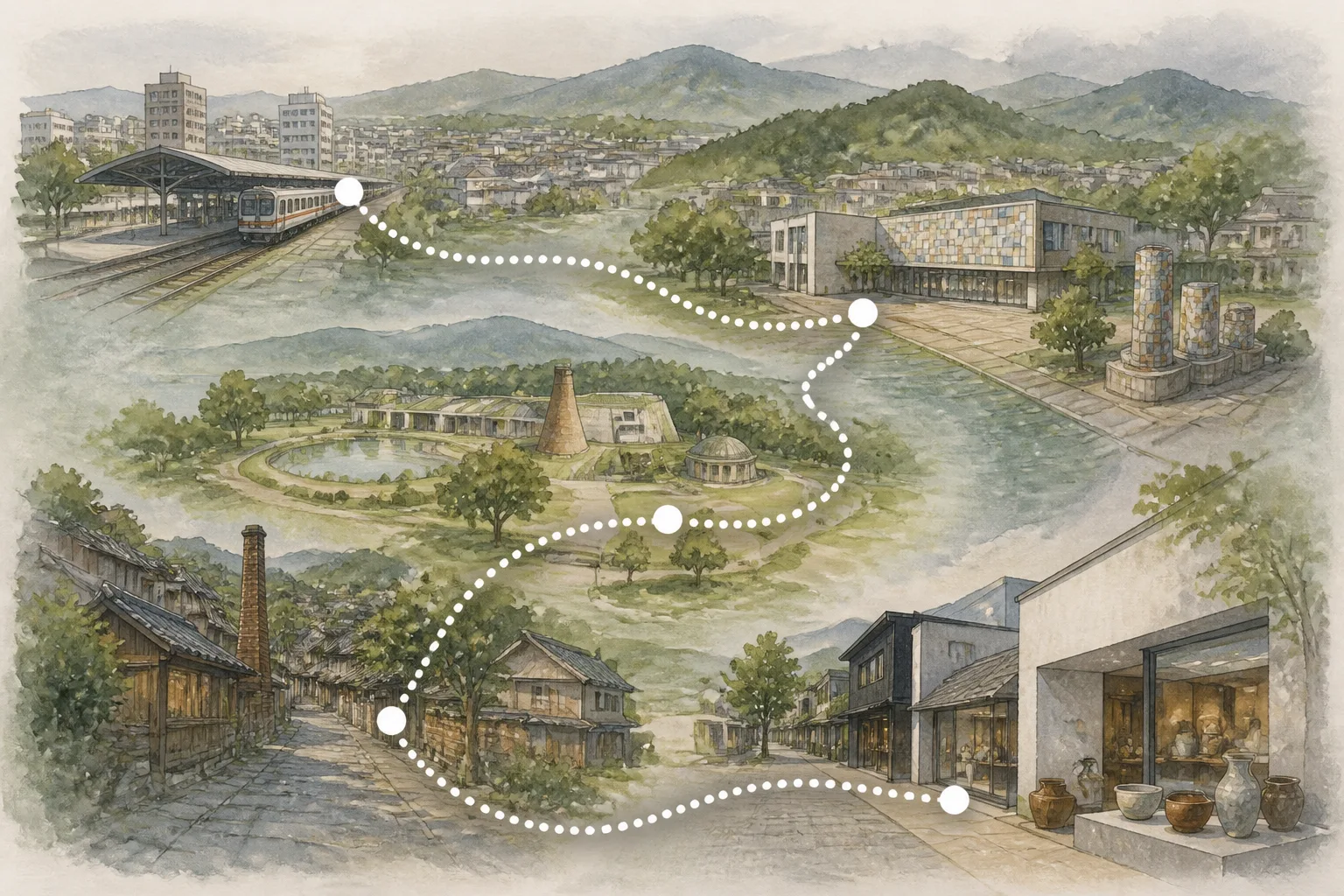 多治見・美濃焼 穴窯の窯町ルートの順番を示す編集地図