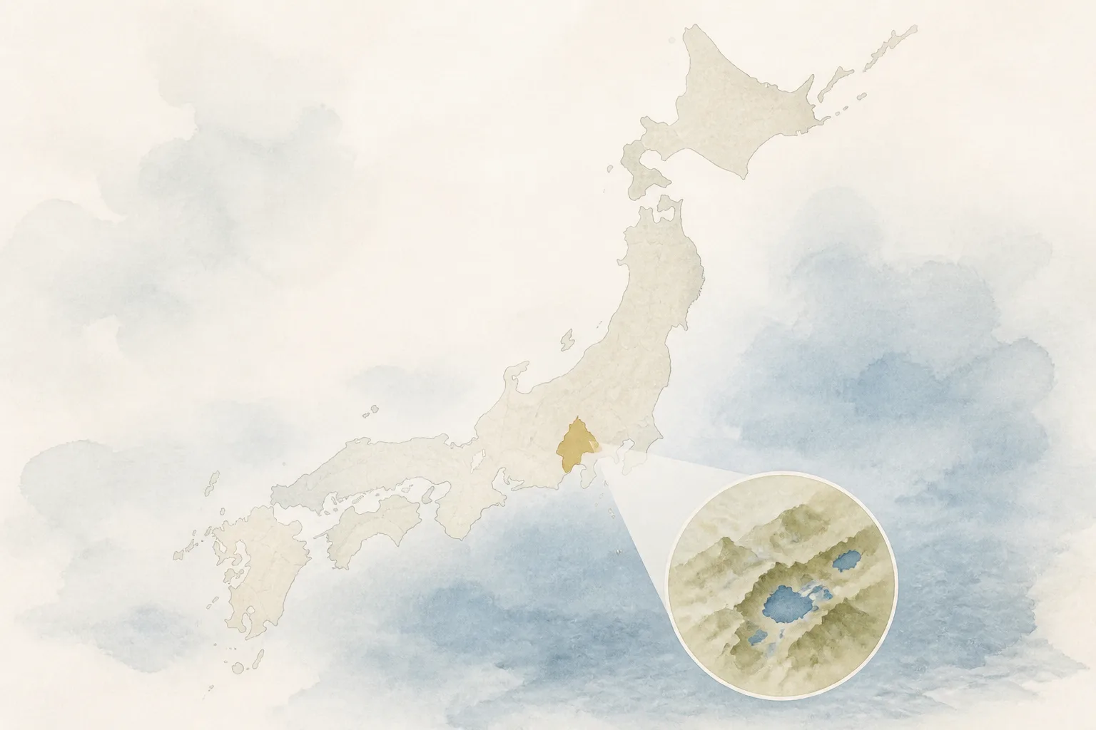 日本の中で山梨県と富士五湖の位置を示す編集地図