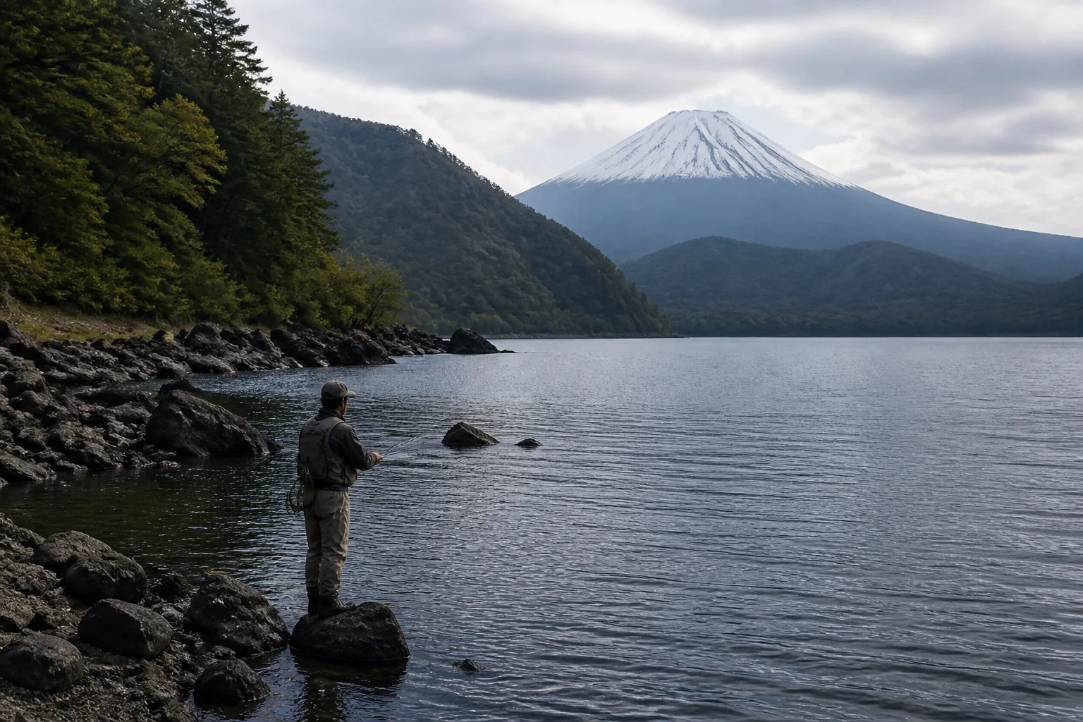 西湖方面の湖畔で富士山の火山地形を考える休憩場面