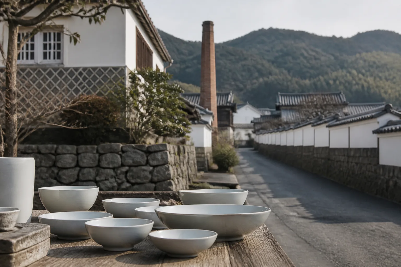 An editorial hero image of Arita porcelain, kiln-town streets, and the porcelain culture leading toward Imari.